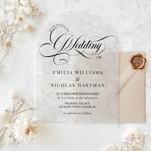 Romantisch script Zwart-wit bruiloft Acryl Uitnodigingen