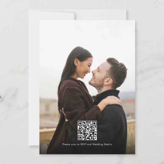 Romantisch Script Zwart Wit Foto QR Code Huwelijk Kaart (Achterkant)