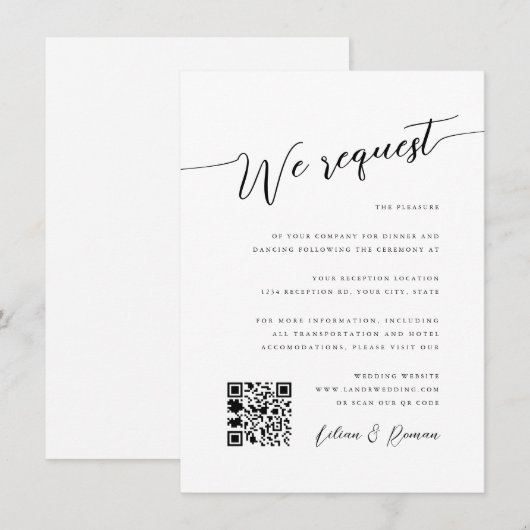 Romantisch Script Zwart & Wit Huwelijksreceptie Kaart (Voorkant / Achterkant)