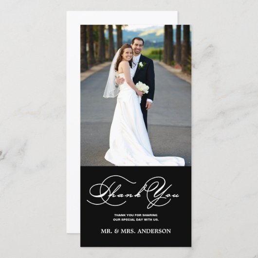 ROMANTISCH SCRIPT ZWARTE BRUILOFT BEDANKT FOTOKAAR (Voorkant / Achterkant)