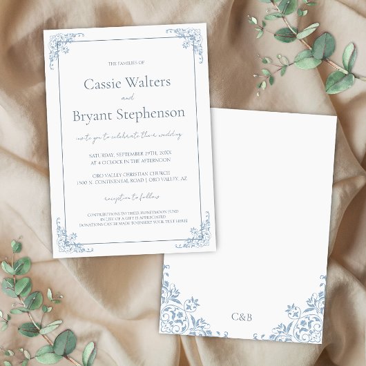 Romantisch Shabby Chic Blauw en Wit Huwelijk Kaart