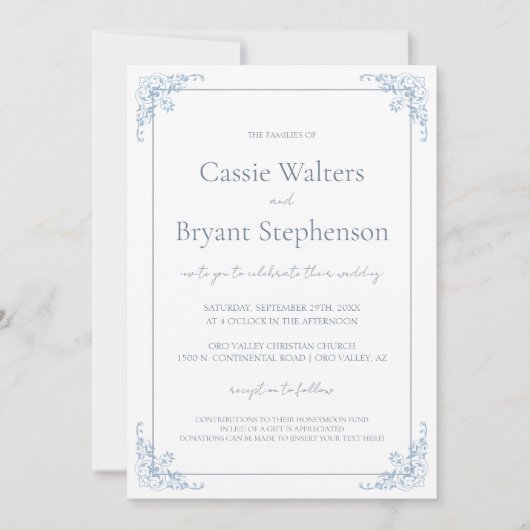 Romantisch Shabby Chic Blauw en Wit Huwelijk Kaart (Voorkant)