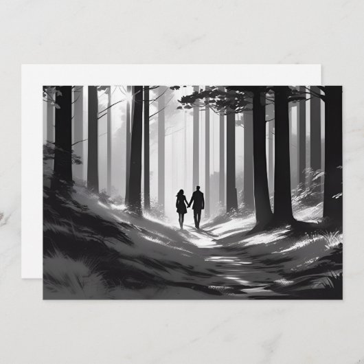 Romantisch Silhouet Koppel Wandelend door het Bos Aankondiging (Voorkant / Achterkant)