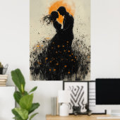 Romantisch silhouet met gouden gloed en wilde bloe poster (Thuiskantoor)