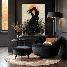 Romantisch silhouet met gouden gloed en wilde bloe poster