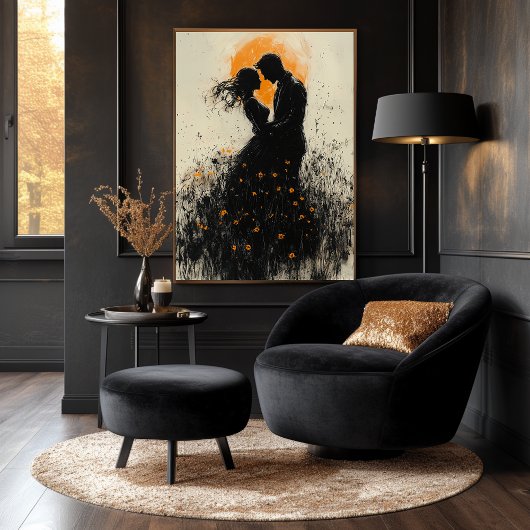 Romantisch silhouet met gouden gloed en wilde bloe poster