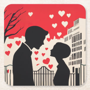 Romantisch silhouet paar cityscape harten kartonnen onderzetters