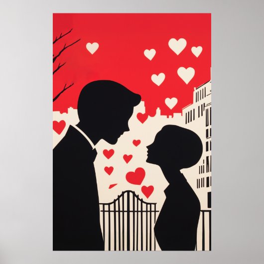 Romantisch silhouet paar cityscape harten poster (Voorkant)