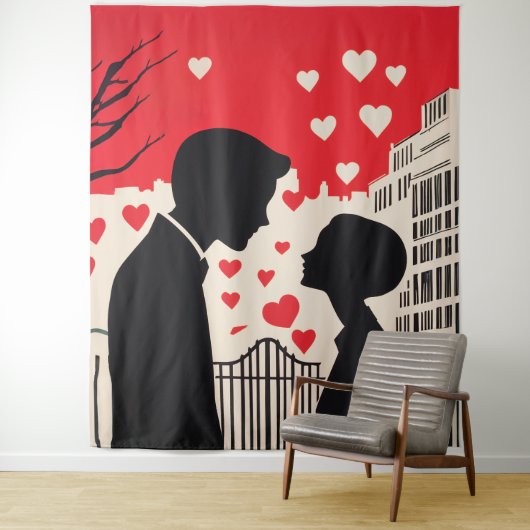 Romantisch silhouet paar cityscape harten wandkleed (In situ)