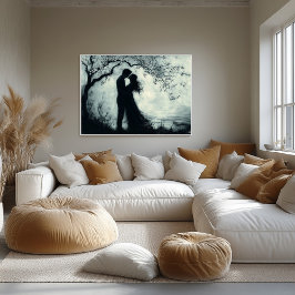 Romantisch silhouet paar onder de boom monochroom poster