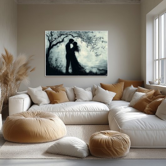 Romantisch silhouet paar onder de boom monochroom poster