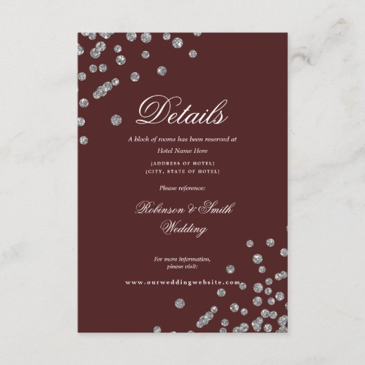 Romantisch Silver Confetti Wedding Details Bourgon Informatiekaartje (Voorkant)