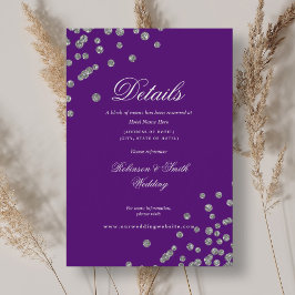 Romantisch Silver Confetti Wedding Details Paarse Informatiekaartje