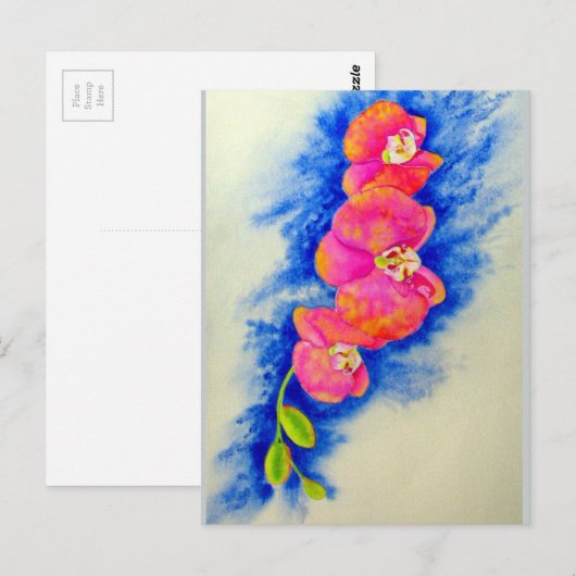 Romantisch sinaasappel roze waterverf orchidee sch briefkaart (Voorkant / Achterkant)