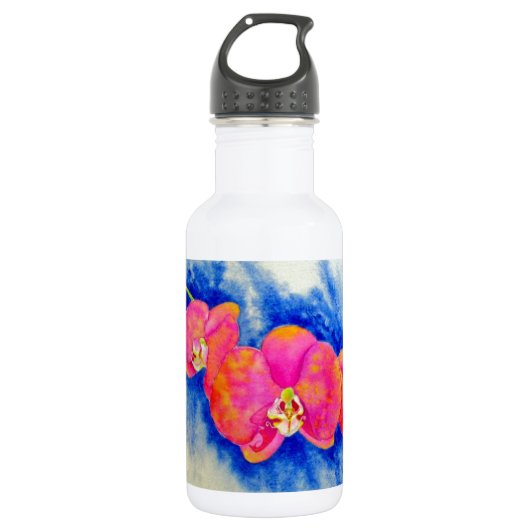 Romantisch sinaasappel roze waterverf orchidee sch waterfles  (Voorkant)