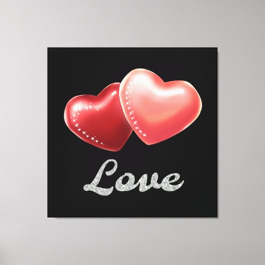Romantisch sprankelend rood harten "Liefde" Glitte Canvas Afdruk (Voorkant)