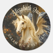 Romantisch Sprookjesbos Eenhoorn met vleugels Ronde Sticker (Voorkant)