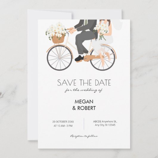 Romantisch stel dat op een fiets rijdt huwelijks- save the date (Voorkant)