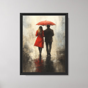 Romantisch stel in de regen met rode paraplu canvas afdruk