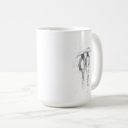 Romantisch stel loopt in regen met paraplu's koffiemok (Voorkant rechts)