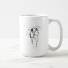 Romantisch stel loopt in regen met paraplu's koffiemok