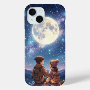 Romantisch stel onder volle maan en sterrenstelsel iPhone 15 case