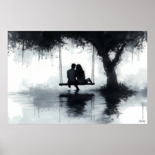 Romantisch stel op een schommel onder de boom poster (Voorkant)