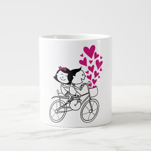 Romantisch stel op fiets met veel hart grote koffiekop (Voorkant)