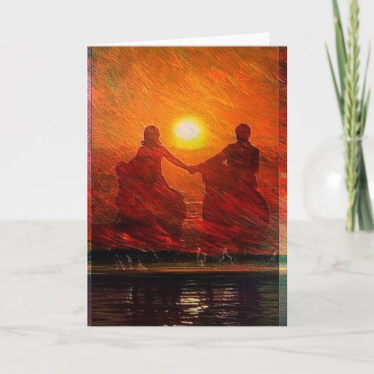 Romantisch stel rijdt te paard de zonsondergang in feestdagen kaart (Voorkant)