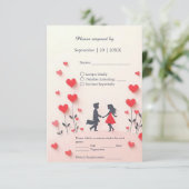 Romantisch stel Silhouet rode harten bruiloft RSVP Kaartje (Staand voorkant)