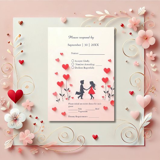 Romantisch stel Silhouet rode harten bruiloft RSVP Kaartje