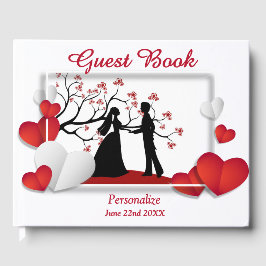 Romantisch stel silhouet rode harten personalisere gastenboek