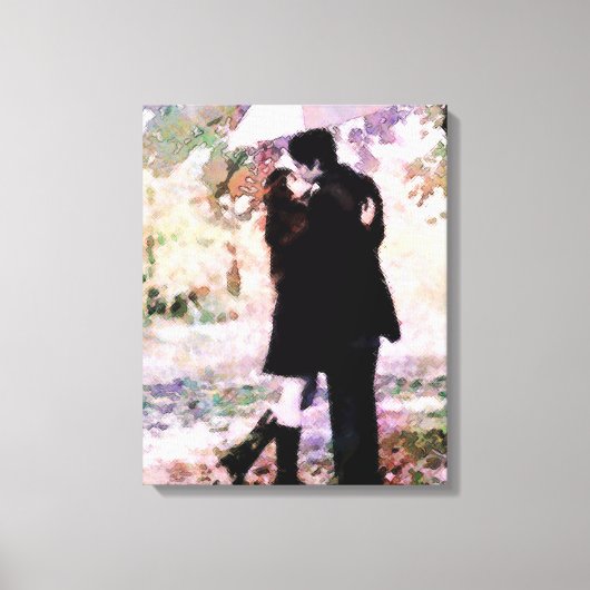 Romantisch stel verliefd op kussen in de regen canvas afdruk (Voorkant)