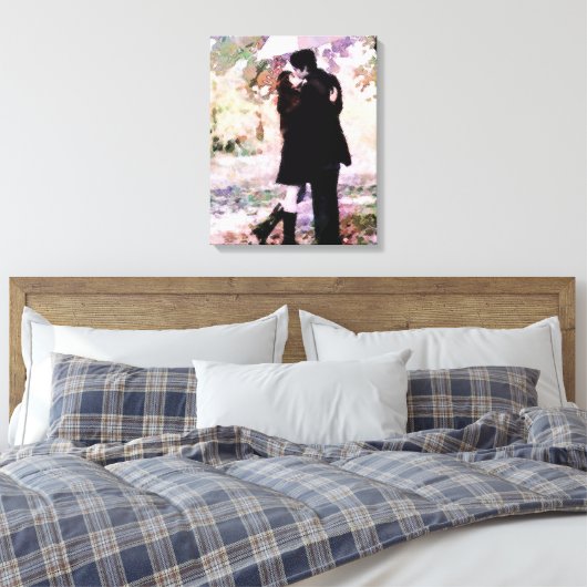 Romantisch stel verliefd op kussen in de regen canvas afdruk (Insitu (Slaapkamer))