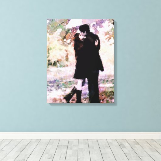 Romantisch stel verliefd op kussen in de regen canvas afdruk (Insitu (Houten vloer))