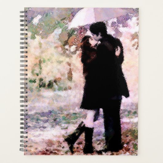 Romantisch stel verliefd op kussen in de regen planner (Voorkant)