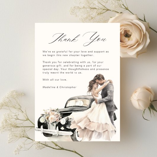 Romantisch stel vintage auto bruiloft bedankkaart