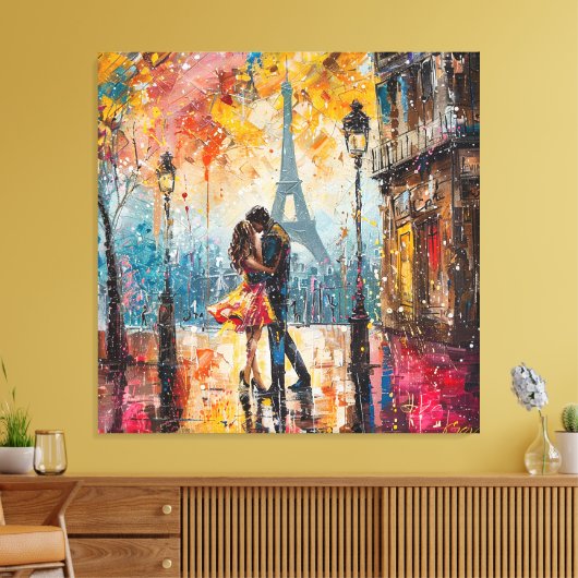 Romantisch stel zoent voor de Eiffeltoren Canvas Afdruk (Insitu (Woonkamer))