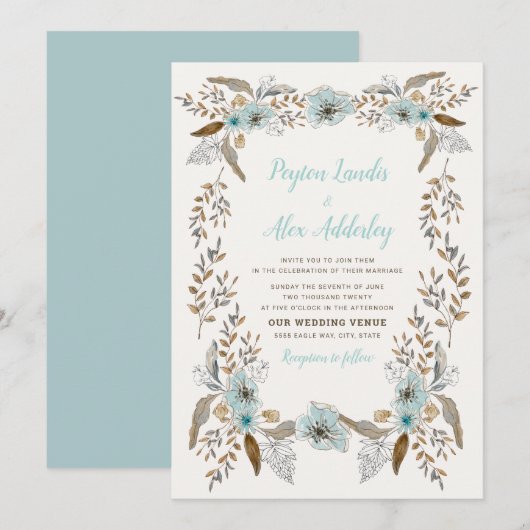 Romantisch Stofblauw Bruin Boho Bloemen Bruiloft Kaart (Voorkant / Achterkant)