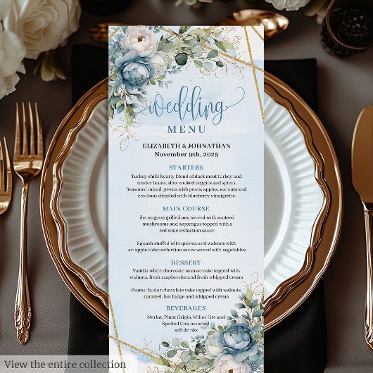 Romantisch Stofblauw Eucalyptusbladeren Trouwmenu Menu
