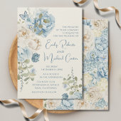 Romantisch Stofblauw Watercolor Bloem Bruiloft Kaart