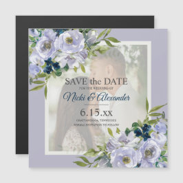 Romantisch stoffig blauwe witte bloem foto bewaar magnetische uitnodiging