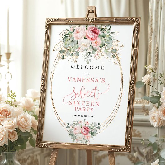 Romantisch stoffig roze bloemig Sweet 16 welkomstb Poster