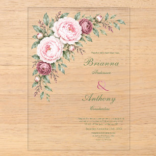 Romantisch stoffig roze pioen botanisch huwelijk acryl uitnodigingen