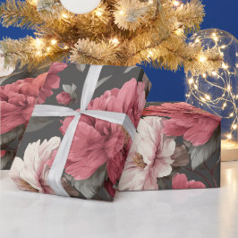 Romantisch stoffig roze pioen grijs bloemmotief cadeaupapier