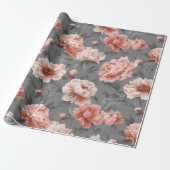 Romantisch stoffig roze pioen grijs bloemmotief cadeaupapier (Uitgerold)
