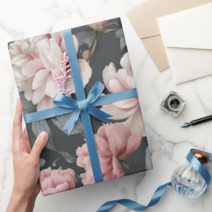 Romantisch stoffig roze pioen grijs bloemmotief cadeaupapier