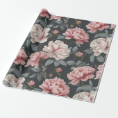 Romantisch stoffig roze pioen grijs bloemmotief cadeaupapier (Uitgerold)