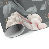 Romantisch stoffig roze pioen grijs bloemmotief cadeaupapier (Rol Hoek)