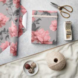 Romantisch stoffig roze pioen grijs bloemmotief cadeaupapier